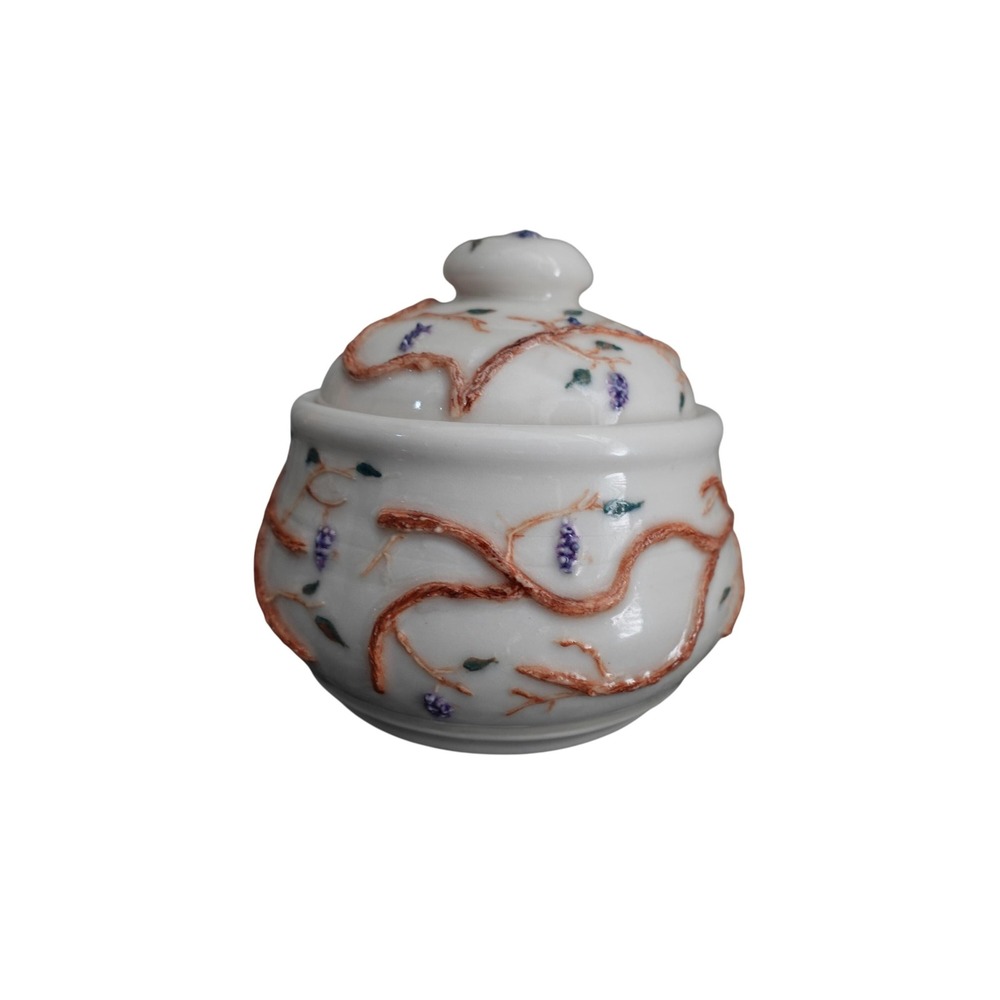 Vintage Hand Painted Ceramic Grape‎ Vine Lidded Jar Sugar Bowl 5in White